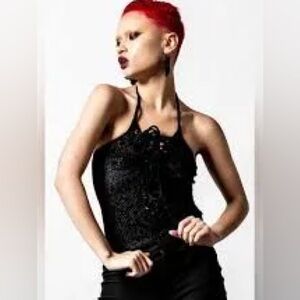 ‼️NWT‼️KILLSTAR Midnyte Velvet Black Halter Top Bodysuit Size Medium